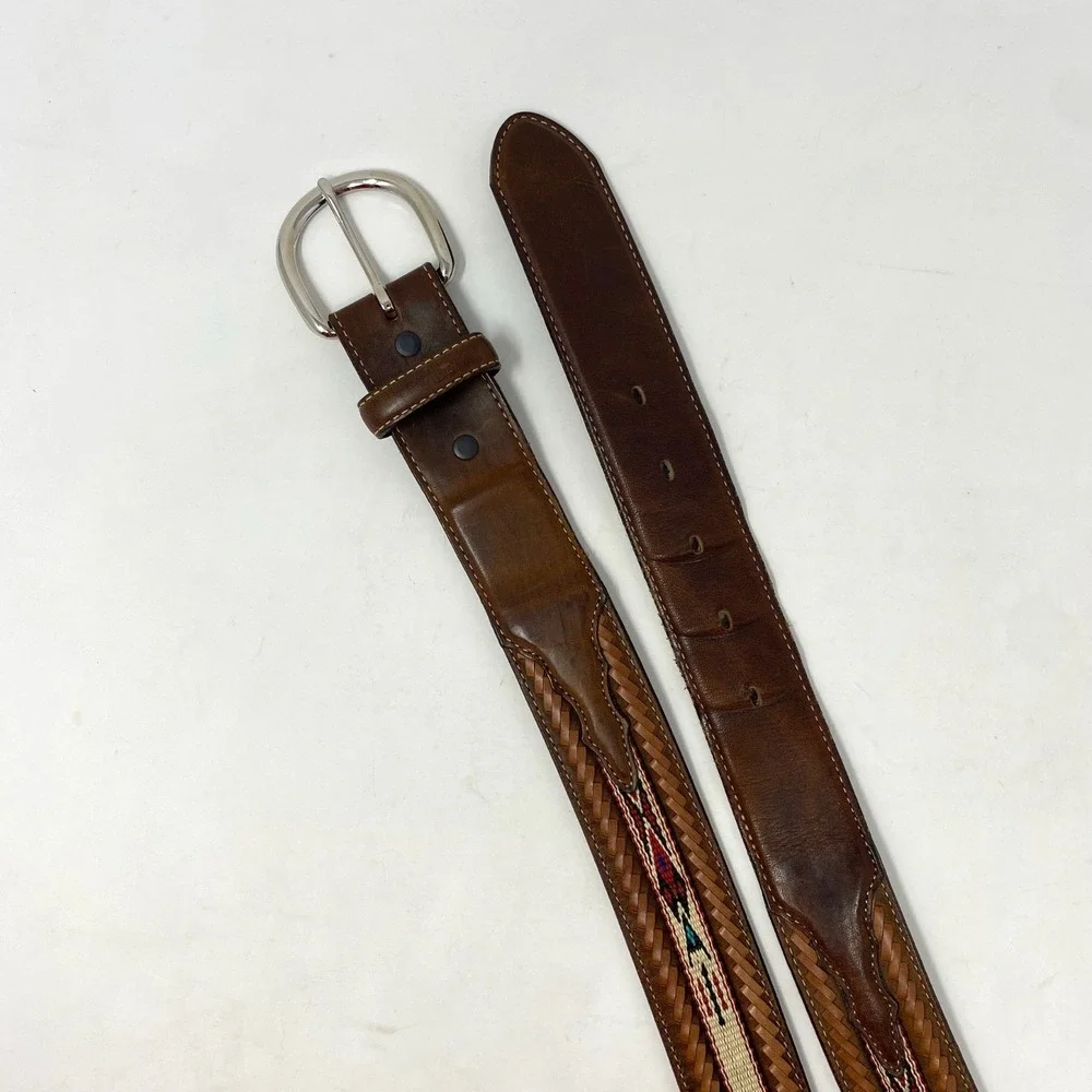 Vtg Silver Creek Belt Mens 46 Brown Leather Woven Native Embroidery Southwestern